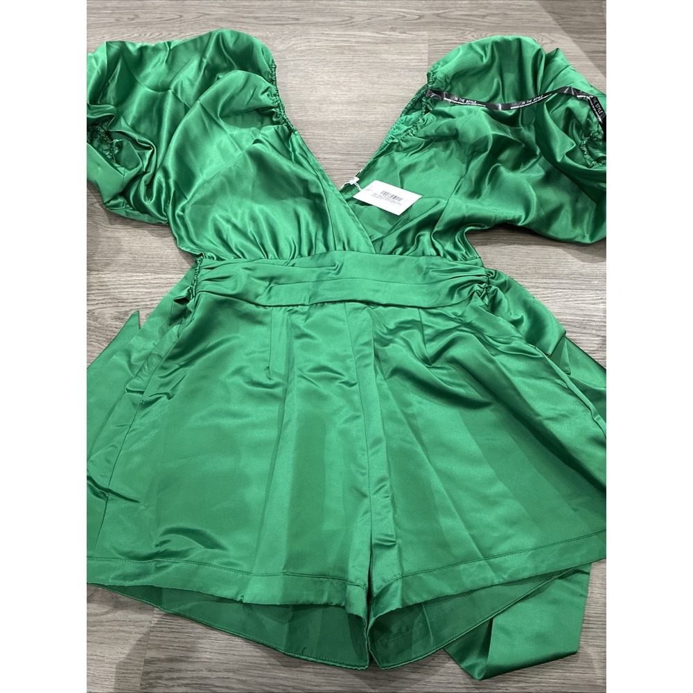 Lorna Luxe In The Style Green Taffeta Puff Shoulder Playsuit | Size 16 NWT